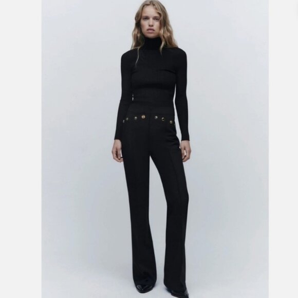 Zara High Waisted Black Button Detail Pants, size Large, NWT - Picture 1 of 7